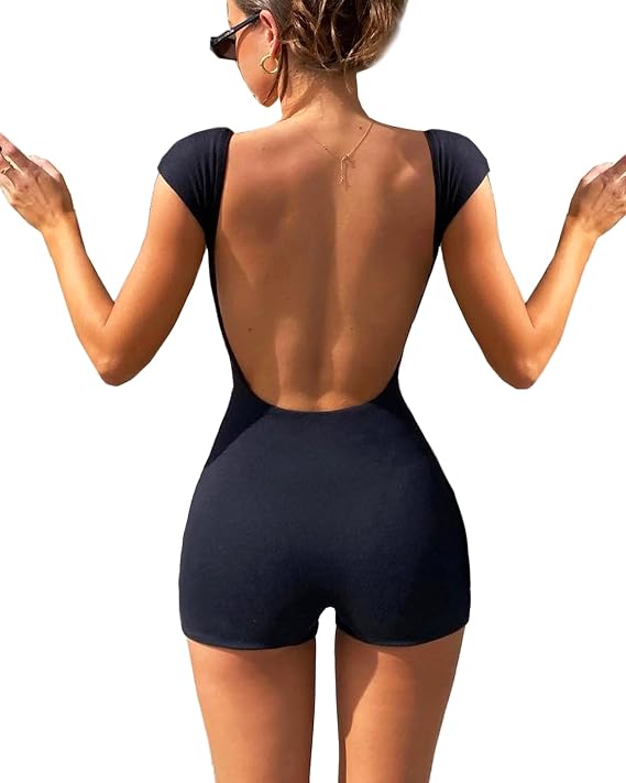 OZICERD Backless Rompers for Women Sexy Bodycon Jumpsuit One Piece Bodysuit Unitard Playsuit Party Club Short Jumpsuits Black