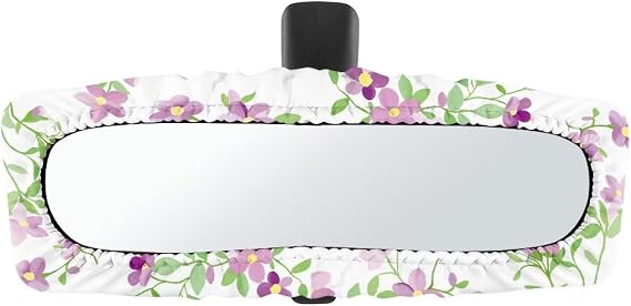 Purple Flowers Automotive Inside Rearview Mirror Cover Sleeve Auto Rearview Mirror Protector Cover Breathable Elastic Decorative Cover for Women