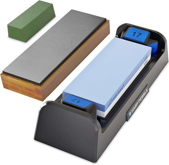 Sharp Pebble Complete Knife Care Kit: 1000/6000 Grit Sharpening Stone with Built-In Angle Guides (15/17/20/22 Degrees), Professional Whetstone Set with Plastic Base, and Premium Leather Strop with Pol