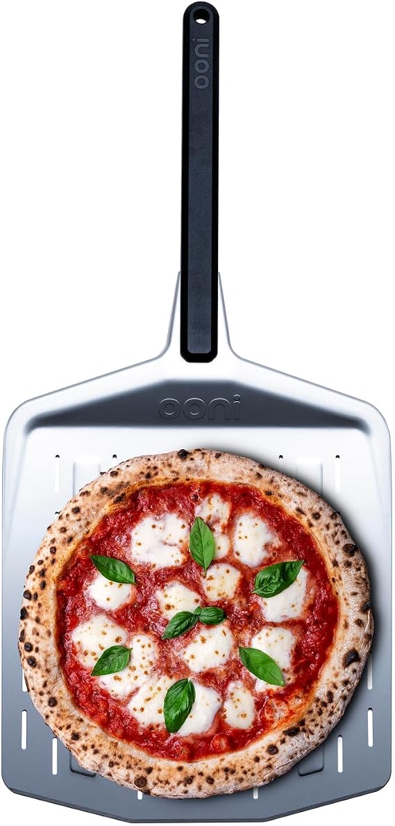 ooni 12 Perforated Pizza Peel Aluminum Metal Pizza Peel 12 Inch, Pizza Spatula Paddle, Lightweight Pizza Turning Peel with Long Handle, Pizza Oven Accessories, Pizza Tools, Rectangle Pizza Turner
