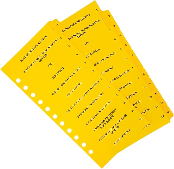 11 Hole Airline Compatible QRH Divider Tabs - 12 Mylar Coated Aircraft Checklist Index Tabs