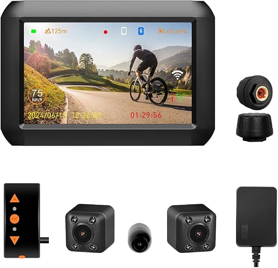 VSYSTO WiFi Motorcycle Dash Camera, Parking Monitoring, 3CH 4 Inch Screen Motorbike Camera System with TPMS, GPS, Front and Left and Right Camera, Assisted Driving Mode, Temperature Display, G-Sensor