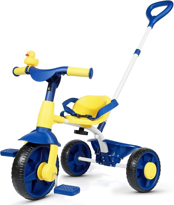 KRIDDO 2-in-1 Toddler Tricycle Age 1.5-3, Trike with Push Handle | Blue, Duck Bell, EVA Wheels, Easy to Assemble