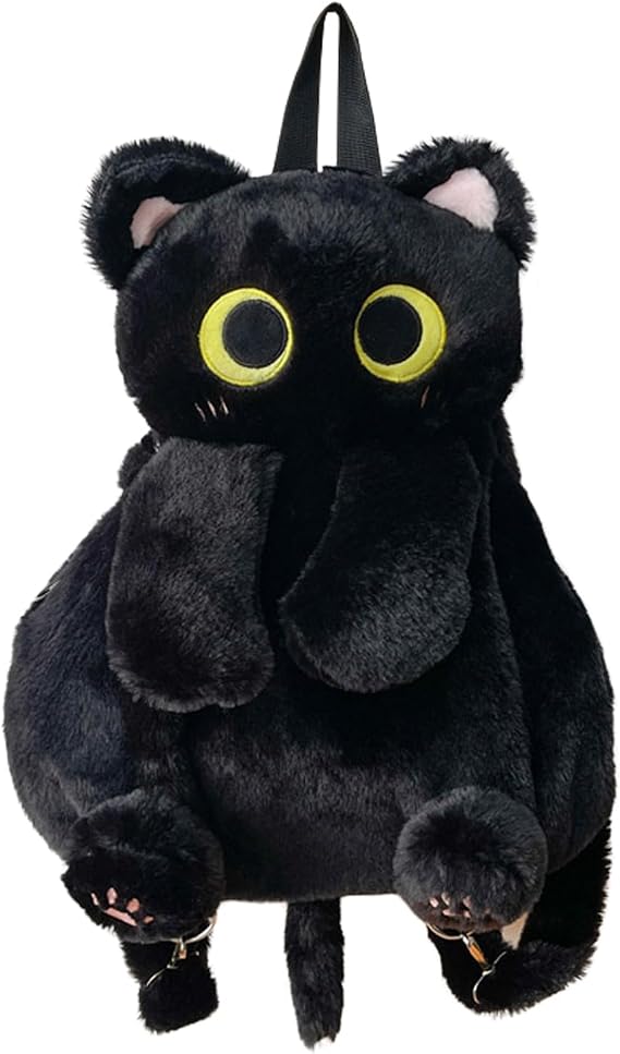 Cat Shaped Backpack Cartoon Animal Backpack with Adjustable Strap Black Cat Plush Back-pack Plush Children's Back-pack for Women Girls (Black)