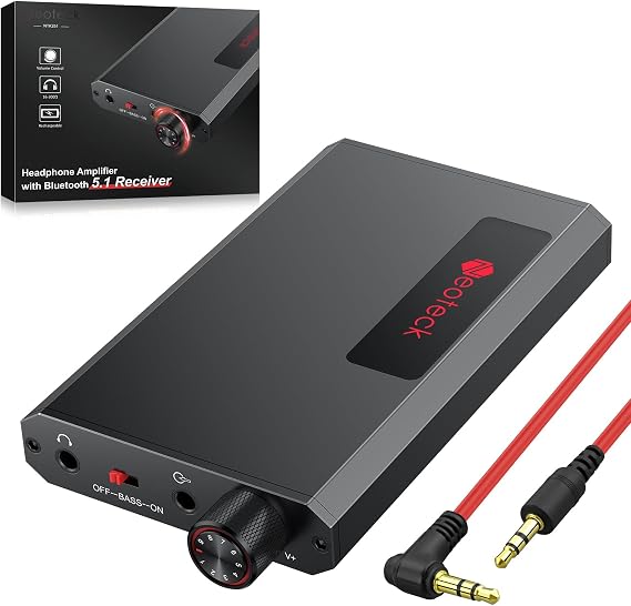 Neoteck Portable 3.5mm Headphone Amplifier, Headphone Amp | with Bluetooth 5.1 Receiver, Bass Boost Switch, 16-300 Ohm HiFi Earphone Amp, Aluminum Matte Surface