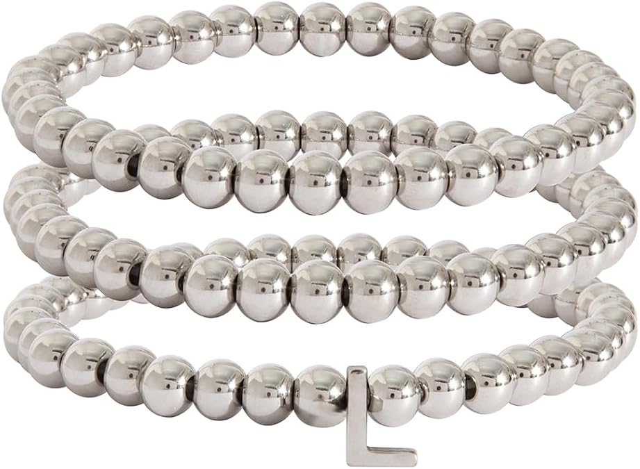 Silver Initial Cute A-Z Stretch Bead Stackable Bracelet with Letter Jewelry for women