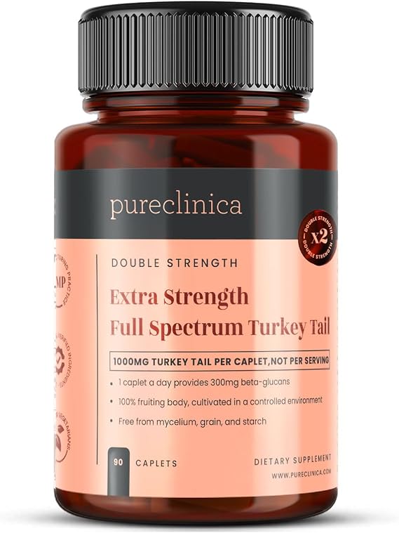 pureclinica Full Spectrum Turkey Tail Mushroom 1,000mg per Caplet x 90 Caplets Organic 15:1 Extract 300mg Beta-Glucans per Serving 100% Fruiting Body with Black Pepper Extract