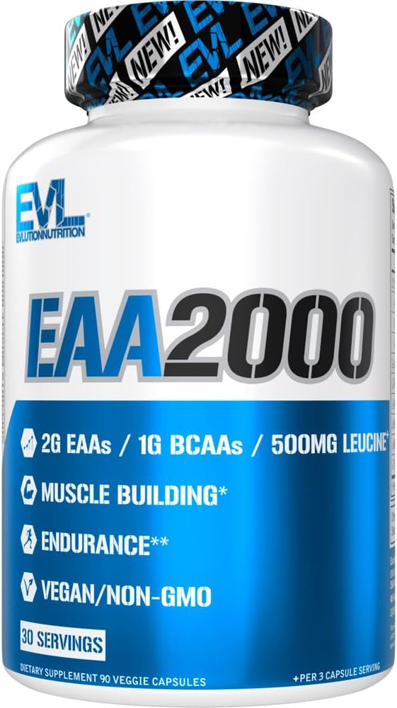 Evlution EVL EAA2000 - Essential Amino Acids Capsules - 30 Servings | EAA Supplement for Pre & Post Workout Muscle Building Endurance and Recovery Support with 2g per Serving + 1g BCAAs