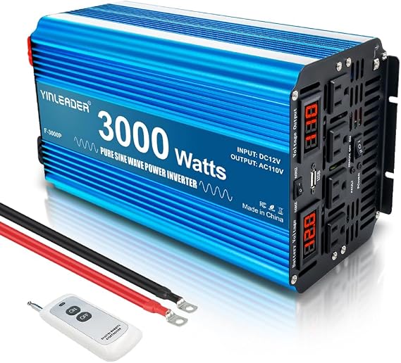 3000 watt Inverter Pure sine Wave Inverter 12V to 110V/120V Power Inverter, 6000W Peak DC to AC Inverter with LCD Display 4 AC Outlets,USB Port, Wireless Remote Control for Truck, RV, Solar Off-Grid