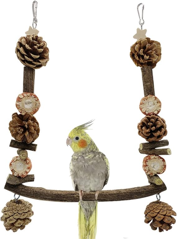 Pet Bird Swing, Parrot Cage Toys, Natural Wooden Swing Toys with Chewing Toys for Parakeet Cockatoo Cockatiel Conure Lovebirds Canaries Little Macaw African Parrot