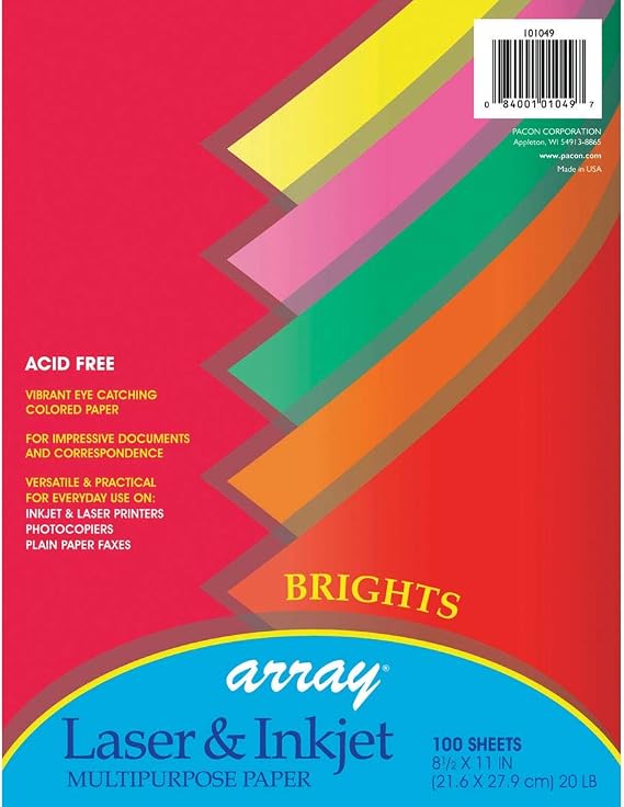 Pacon Bright Multi-Purpose Paper, 5 Assorted Colors, 20 lb., 8-1/2" x 11", 100 Sheets