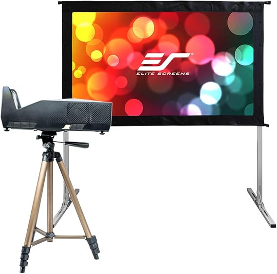 Elite Projector MosicGO Ultra Short Throw Projector IPX2 with Li-Ion Battery Dual Speaker Native 1080P UST ALR DLP LED Bundle with Elite Projection Screen OMS58H2, Tripod Stand Indoor/Outdoor - MGFU-S