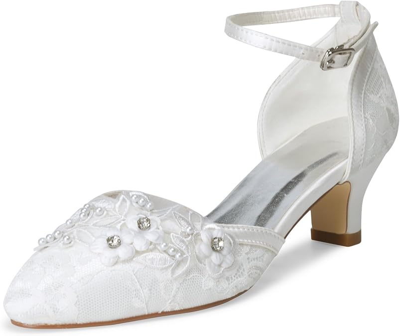 JIAJIA 009611 Women's Bridal Shoes Closed Toe 1.9'' Block Mid Heel Lace Satin Pumps Rhinestone Wedding Shoes