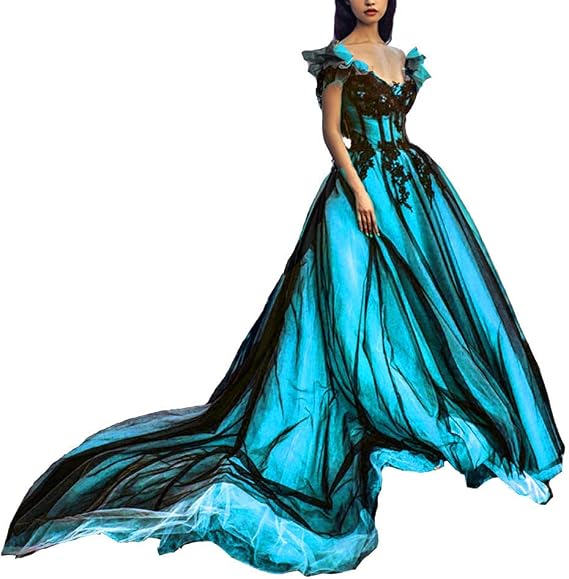 Kivary Women Off The Shoulder Long Gothic Black V Neck Tulle Evening Prom Dress