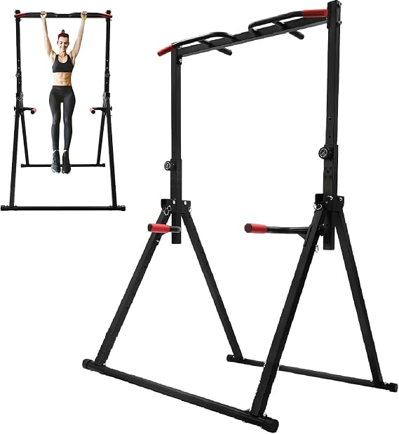 440lbs Foldable Power Tower Dip Station, Adjustable Height Pull Up Bar Station, Multifunction Fitness Pull Up Tower Station, Free Standing Pull Up Station, Workout Training Equipment for Home Outdoor