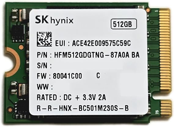 SKhynix SSD 512GB BC501 M.2 2230 30mm Gen3 x4 NVMe PCIe 3.0 HFM512GDGTNG-87A0A (FW: 80041C00) for Steam Deck, Surface Laptop, Surface Book, Surface Pro, Dell HP Lenovo Ultrabook IoT.