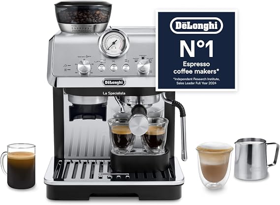 De'Longhi La Specialista Metal Barista Pump Espresso Machine, Bean to Cup Coffee and Cappuccino Maker, EC9155.MB, 1450W, Silver | Bean to cup system delivers fresh coffee and cappuccino in busy commercial settings with a built-in barista metal pump.