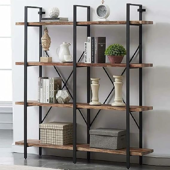 Wooden Solid Wood 4 Tiers Double Natural Rustic Shelf Bookcase Accessory Shelf with Metal Skeleton