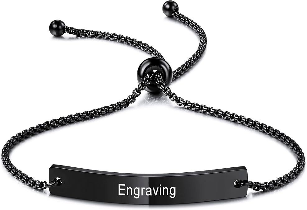 MeMeDIY Personalized Bar Heart Bracelet Customized Engraving Name Date ID for Women Girlfriend Stainless Steel Adjustable Anklet Link Best Friend Bridesmaid Gift