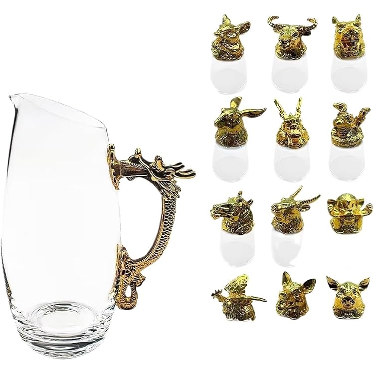 Crystal Glass Liquor Decanters Set with 12 Zodiac Glasses and Dragon Handle, Unique Liquor Dispenser 400 ML