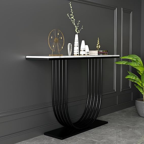 Modern Console Table Narrow Sofa Table, 35.4" High White Marble Accent Table for Hall Marble Ultra Narrow Entry Entry Cupboard Entry Table (Black, 39.4" L x 11.8" W x 35.4" H)