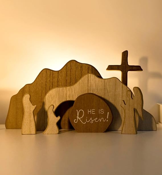 He is RisenEmpty Tomb Scene Spring Easter Decorations, Jesus Nativity Resurrection Figurines Set With Wooden Cross For Home, Office, Table, Shelf, Mantle Decor Christian Catholic Religious Gifts
