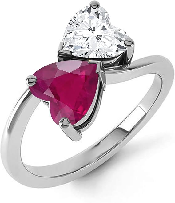 Double Heart Ruby & White Diamond Engagement Ring For Women, 14K Gold Plated 925 Silver July Birthstone Diamond Dual Heart Promise Ring, Propose Heart Ring