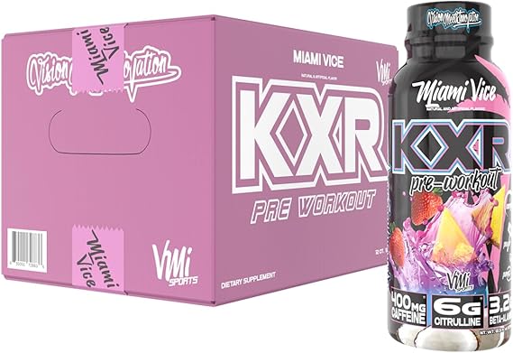 VMI Sports KXR High Stimulant Pre-Workout Energy Ready to Drink 400mg Caffeine, 6g Citrulline, 3.2g Beta-Alanine | Delicious Convenient Powerful | 12.5 oz Bottles (Miami Vice, 12 Bottles)