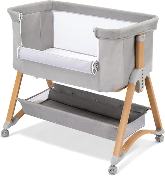 5 in 1 Baby Bedside Bassinet | Rocking Bassinet Bedside Sleeper | Light Grey, Large Storage Basket, Washable Mattress, Rocking Mode, 6 Adjustable Heights, Breathable Mesh & Quick Folding