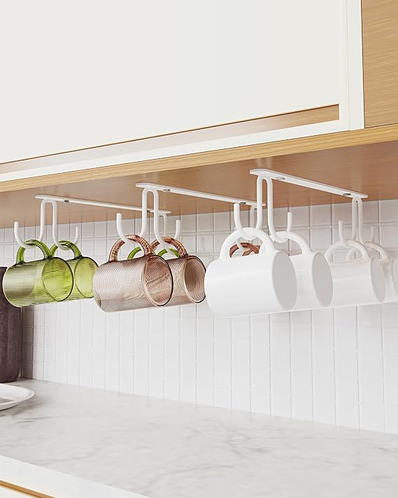 Luckinow Mug Hooks Under Cabinet 3 Pack, Coffee Cup Hooks for Hanging Under Shelf, Mug Organizer Rack with 12 Hooks for Displaying Mugs, Coffee Cups and Kitchen Utensils, White