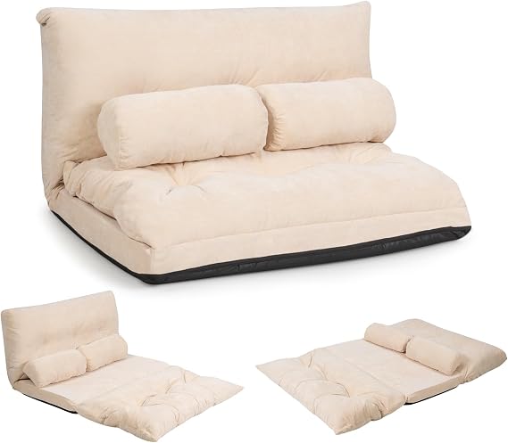KOMFOTT Foldable Floor Lazy Sofa with 2 Pillows, 6-Position Adjustable Reclining Sofa Sleeper Bed, Convertible Futon Couch Bed, Floor Couch Lounge for Relaxing, Reading, Playing, Gaming (Beige)