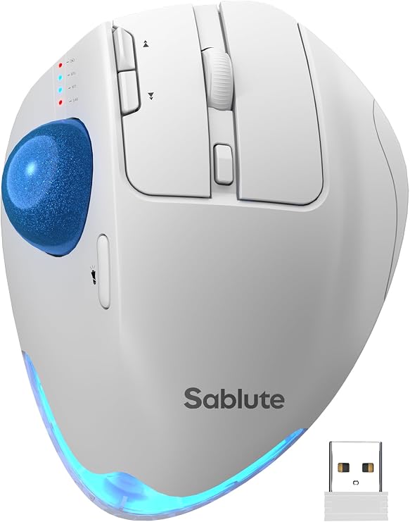 Wireless Trackball Mouse, Adjustable Angle Rechargeable Backlit-White Mouse