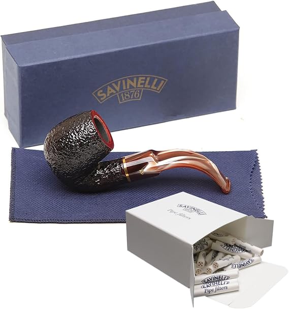 Savinelli Roma Lucite 614 Rusticated Finish Briar Wood Pipe With 30 Filters, Italian Hand Crafted Pipe Set