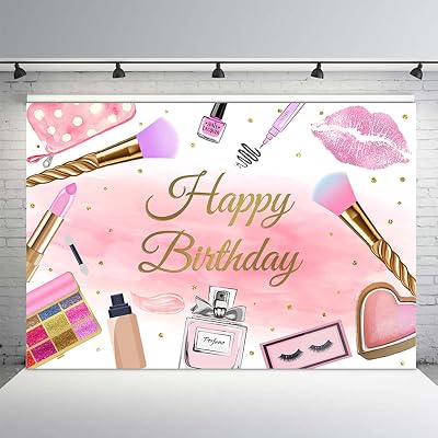 MEHOFOND 7x5ft Makeup Spa Happy Birthday Backdrop Girls Women Princess Pink Glamour Cosmetics Beauty Make Up Photography Background Party Decoration Photo Booth Studio Props