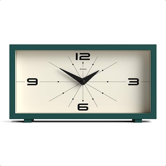 JONES CLOCKS Odeon Desk Clock | Modern Rectangular Design | Dark Green | Stylish Retro Look for Shelf, Table, Mantel or Bedside