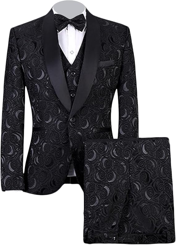 Maiyifu-GJ Men's 3 Piece Jacquard Suit 1 Button Shawl Lapel Paisley Tuxedo Set Stylish Slim Jacket Vest Pants with Bow Tie