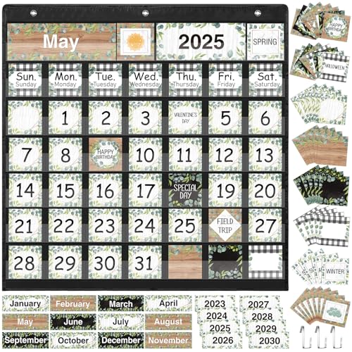 Fulmoon Classroom Calendar Pocket Chart Set Calendar Bulletin Board Set with Pocket Seasons Festival Weather Date Bag Chart for Classroom Decoration Back to School SupplieBlack,Eucalyptus