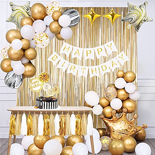 Gold Birthday Decorations - Golden Party Decorations, Happy Birthday Decorations for Women Boys Girls Men, White and Gold Party Decorations Set