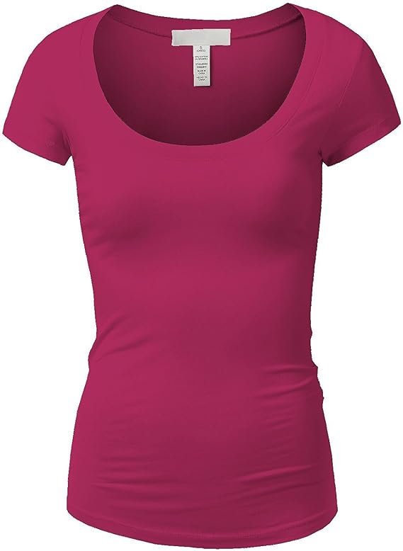 Active Basic Womens Plain Basic Deep Scoop Neck with Cap Short Sleeves - Fuschia - Small