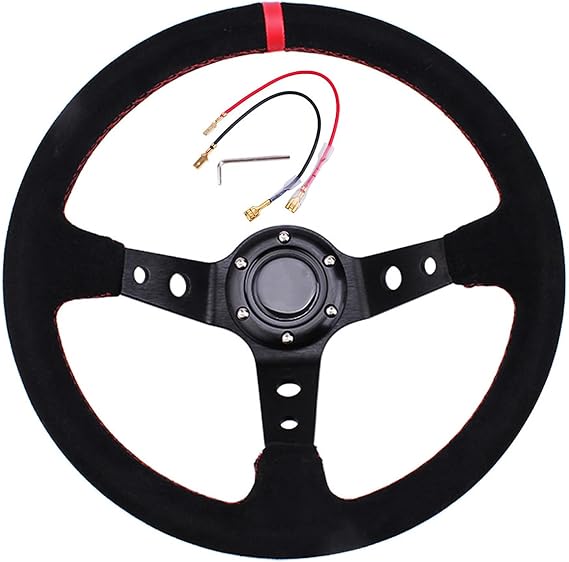 Car Racing Steering Wheel, 350mm/14inch Universal Modified Car Drifting Competitive Game Steering Wheel With Horn Button, 6 Bolt Grip Deep-Dish Slip-Resistant Sport steeringwheel, Suede Leather, Red