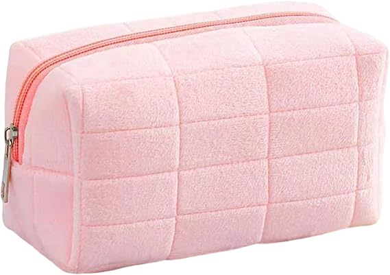 Small Makeup Bag, Fluffy Travel Cosmetic Bag, Cute Zippered Toiletry Organizer Case, Daily Makeup Pouch for Women Girls (Pink)
