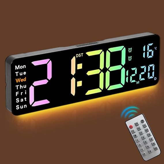 Digital Wall Clock,Large Digital Wall Clock with Remote Control,24/12-hour Wall Clock,Digital Clock with Night Light,RGB Color Changing LED Wall Clock,for Living Bedroom Office Wall Decor