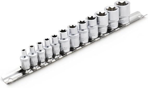 DAKCOS 12-Piece External Torx Socket Spanner Set 1/4 Inch and 3/8 Inch Torx Wrench Socket Set Sockets E4 E5 E6 E7 E8 E10 E11 E12 E14 E16 E18 E20 Made of CR-V with Matt Chrome Surface
