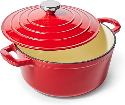 Sur La Table 4-Qt Enameled Cast Iron Dutch Oven – Oven & Broiler to 500°F, Induction Compatible, with Lid for Braising, Baking & Deep Frying, Nonstick Interior, Red