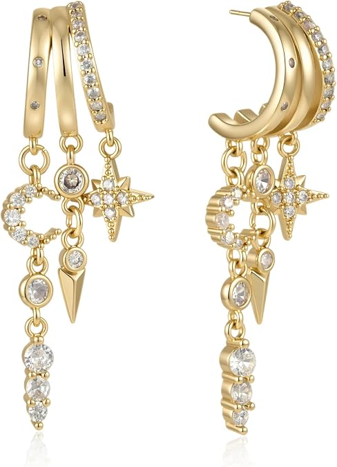 Triple Hoop Dangle Earrings for Women, Layered Drop Huggie Earrings