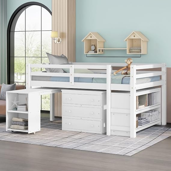 Low Loft Bed with Desk - Solid Wood Kids Loft Bed with Cabinet & Bookshelf (White/Full)