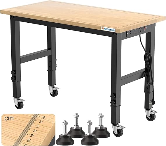 LARBANKE Adjustable Workbench 120 cm, Wooden Workstation with Graduated Lines, 85-105 cm Heights, 900 kg Load Capacity, Heavy Duty Workbench with Wheels and Footrest