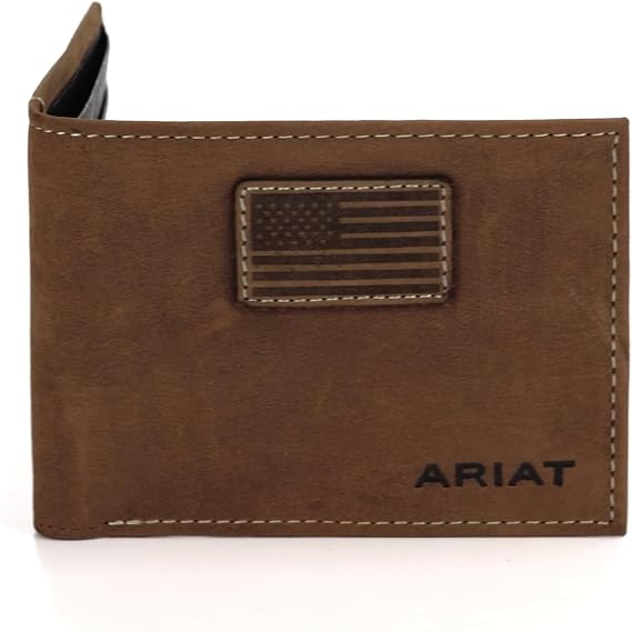 ARIAT Men's Leather Bifold Wallet, USA Flag, Medium Brown, 3-1/2 x 4-1/4