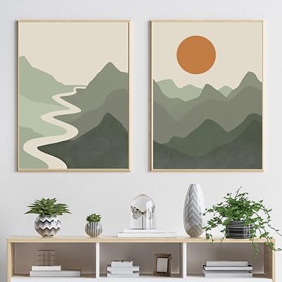 BACKYMRART Boho Green Sun Mountain Landscape Wall Art Sunset Mint Poster Mid Century Abstract Print Set of 2 Nature Prints for Living Room Bedroom Decor 12x16in Frameless Poster, 12x16inchx3 Unframed