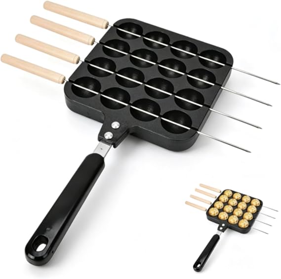 16 Hole Cast Iron Takoyaki Pan, Heavy Duty Square Cooking Plate Octopus Ball Maker for Octopus Pancakes Meatball 12.9in